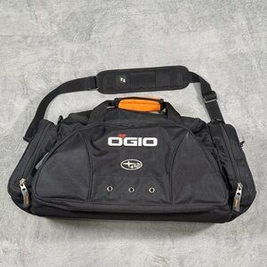 OGIO Subaru Black Duffel Gym Travel Bag Audio Port Orange Lined Pockets 21x13
